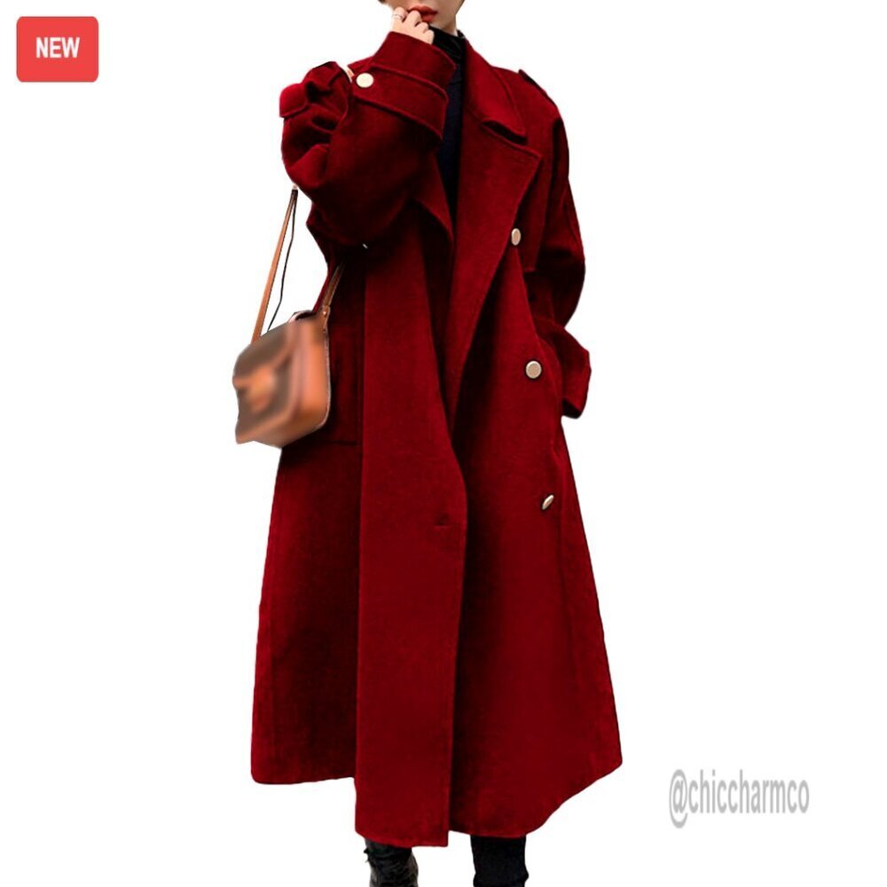 Winter Wool Blend Pea Coat Double Breasted Midi Trench Coat